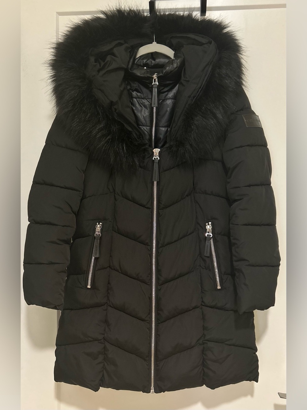 Calvin Klein Black Hooded Faux-Fur Trim Puffer Coat